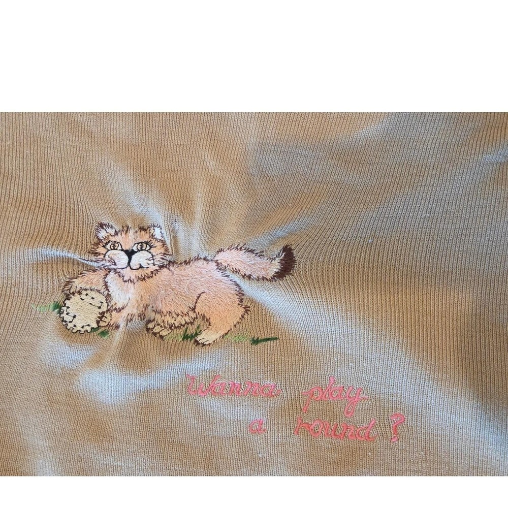 Vintage Women's Tan V Neck Long Sleeve Sweater Cat Kitten Embroidered Graphic - Picture 8 of 8